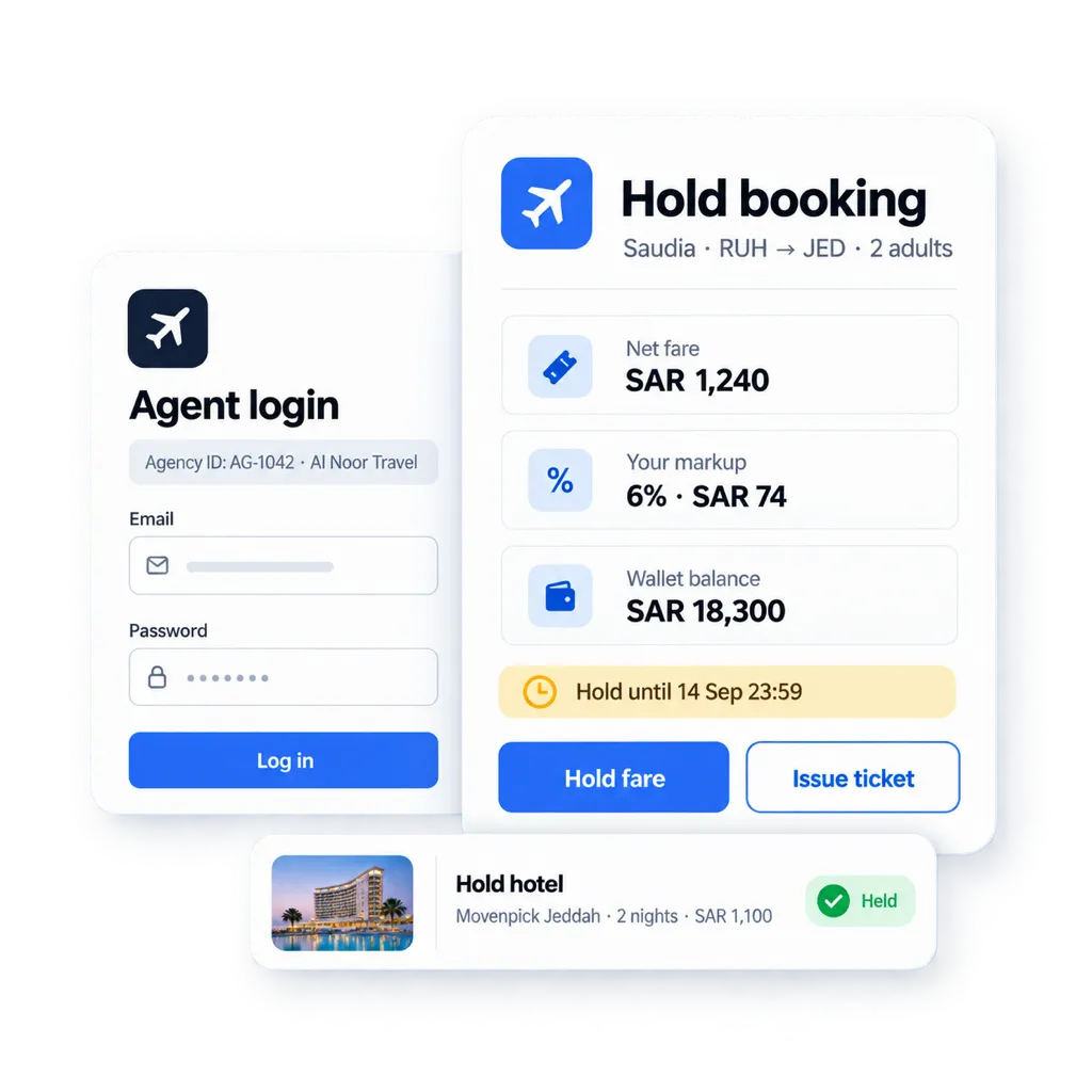 Tripklik B2B agent portal: agent login and a held Saudia booking with net fare, markup and wallet balance