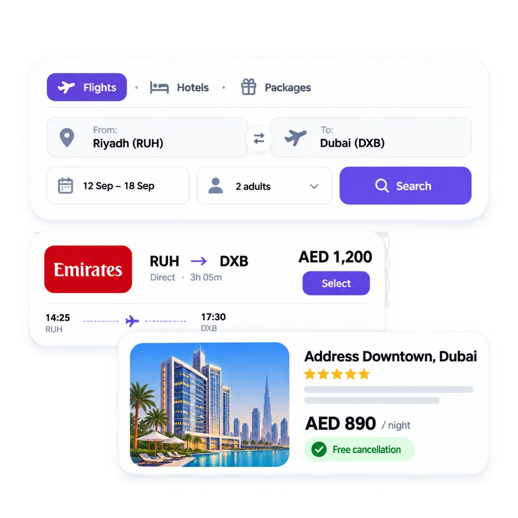 Tripklik B2C website: flight and hotel search box with an Emirates RUH to DXB flight result and a Dubai hotel card