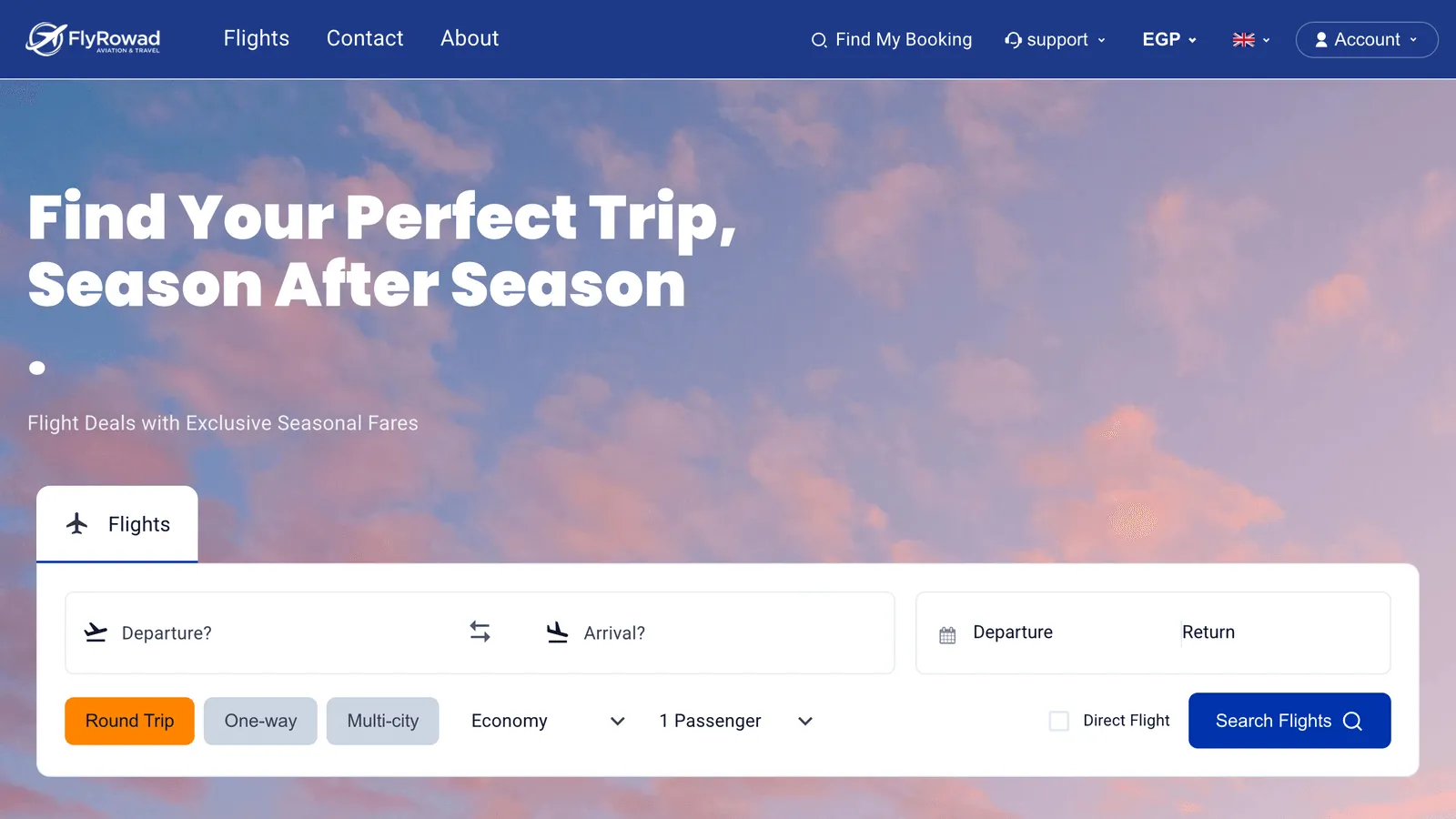The FlyRowad home page: a branded flight search built on the Tripklik B2C platform