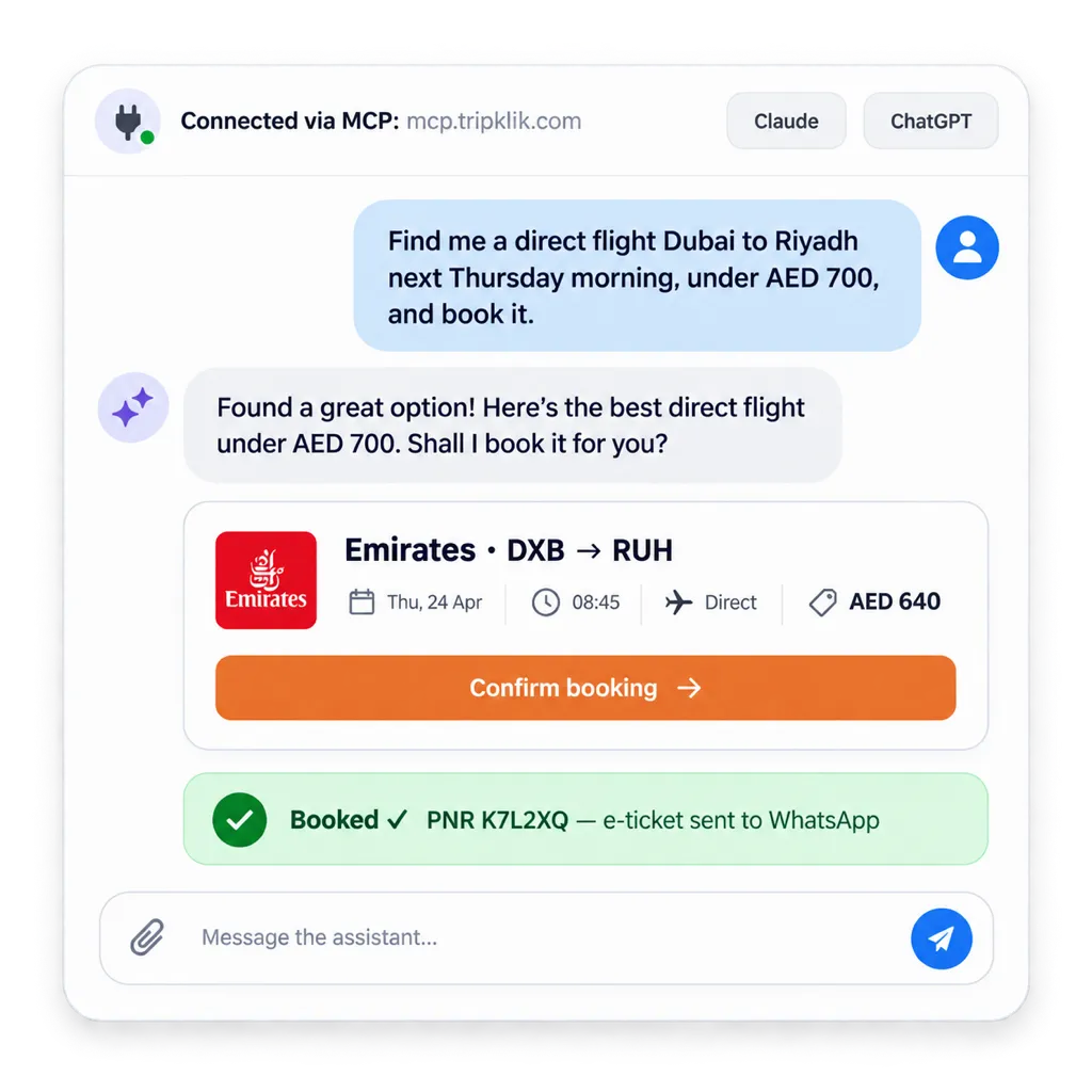 Booking a flight through Claude or ChatGPT connected to Tripklik via MCP, with a confirmed PNR