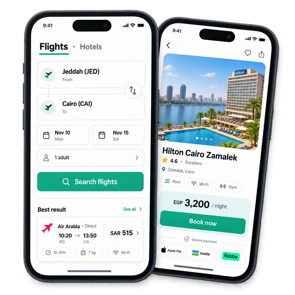 Tripklik mobile app: flight search and hotel booking screens with Apple Pay, MADA and Tabby