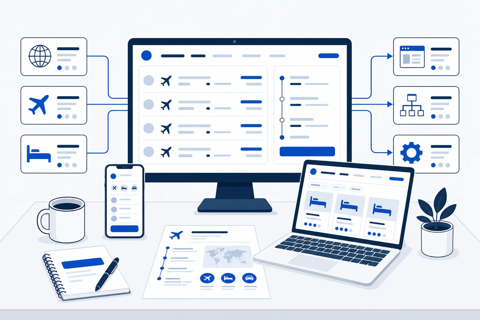 Illustration of an agency operation running on Tripklik: a desk with the booking platform on screen, connected on one side to GDS, airline and bedbank suppliers and on the other to a website, a partner portal and an API