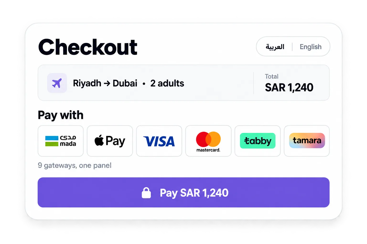 Checkout card in Arabic and English with mada, Apple Pay, Visa, Mastercard, Tabby and Tamara